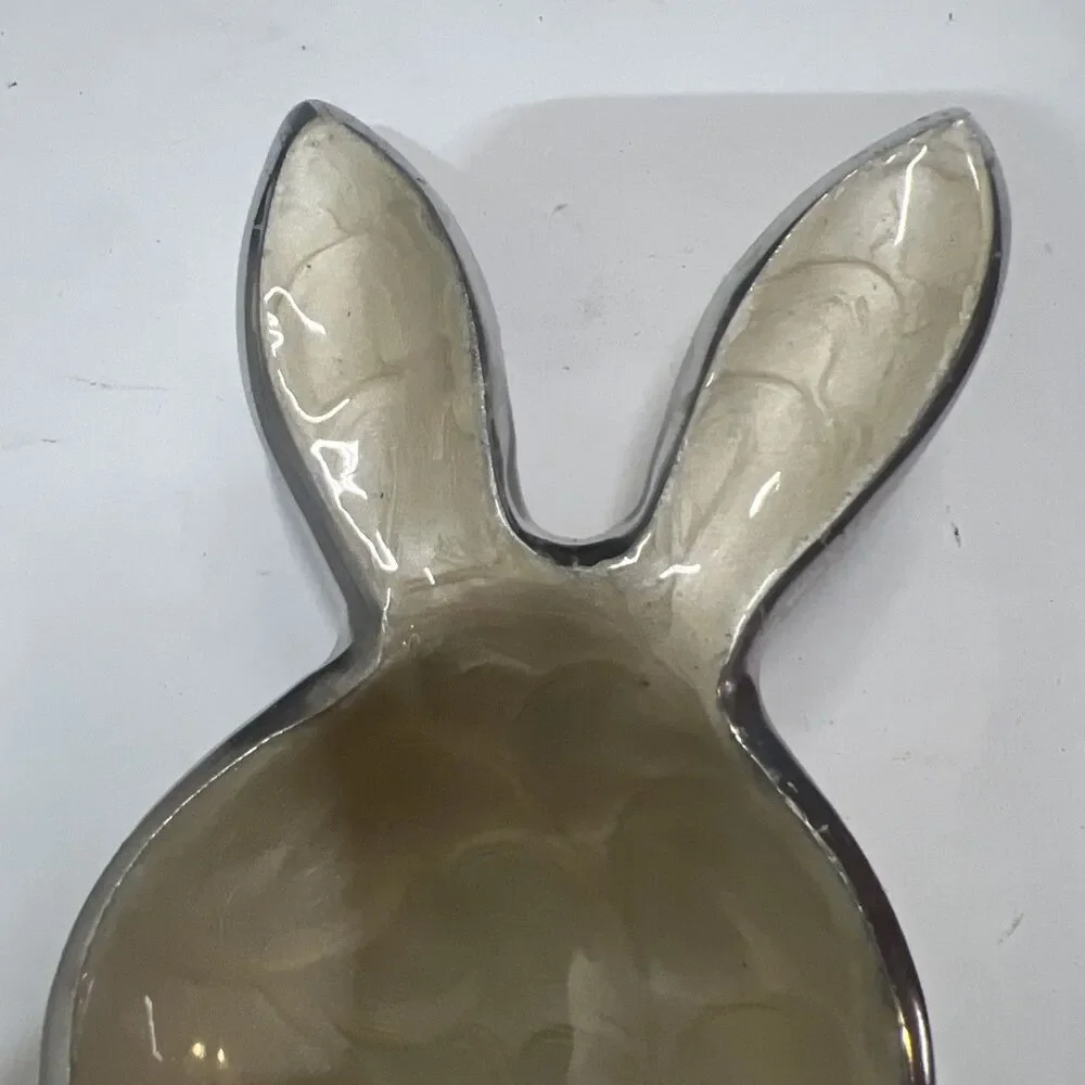 Bunny Pewter Glazed Glass Painted Rabbit Dish  Candy trinket Tray